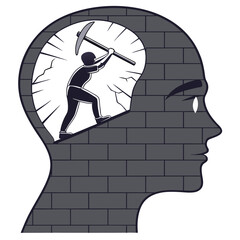 Breaking mental barriers, A person with a pickaxe breaking down a wall in their mind, Vector illustration - Generative AI
