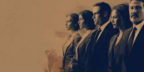 Male and female attorneys on a halftone modern abstract background. Law firm, lawyer, legal graphic for personal injury, medical malpractice or defense law firm website