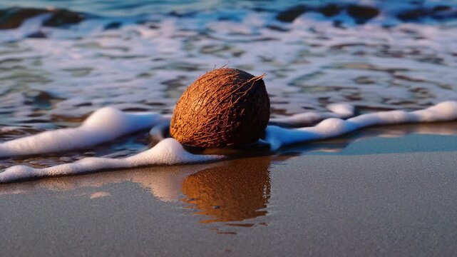 A whole coconut floating on the calm surface of a tropical sea or lake.
