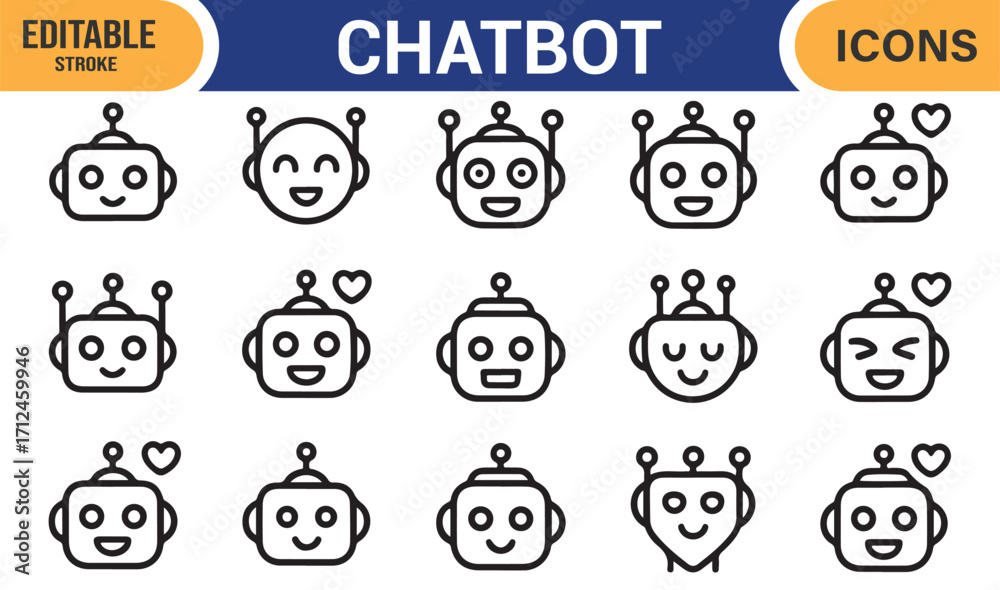 Wall mural editable vector chatbot icons with outline style ai robot faces and avatars