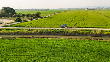 Tractor driving through rice fields in rural Italy © GretaRosati