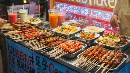 An Array of Delicious Street Foods with Colorful Drinks, Displayed on Metal Trays under Glowing Neon Lights, Ready to Serve.