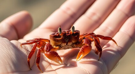 A small red crab with prominent eyes resting in a human hand.