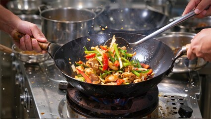 Stir-fry Sizzle: A Culinary Symphony of Fresh Vegetables and Tender Meat being Masterfully Cooked...