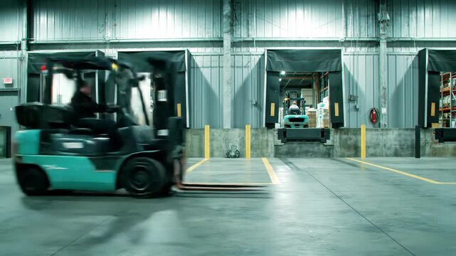 Forklift in motion at a loading dock warehouse