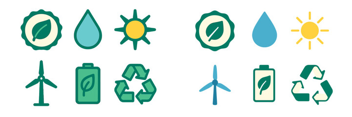 Illustrations of eco-friendly symbols representing sustainability, renewable energy, and environmental protection