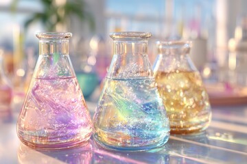 Colorful Glass Beakers with Sparkling Liquid in a Bright Laboratory Setting, Close-Up View, Science and Experimentation Concept, Soft Focus Background