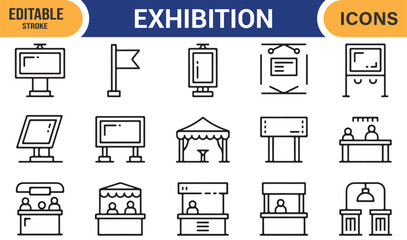 Exhibition icon set in editable stroke style for commerce, trade, and events