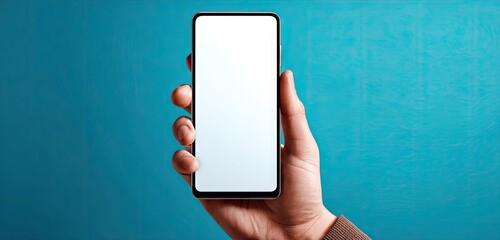 Hand holding smartphone with blank screen against blue background.