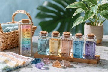 Colorful Glass Bottles with Liquid Measurements Displayed on a Wooden Tray Surrounded by Natural Elements, Ideal for Wellness and Relaxation Themes