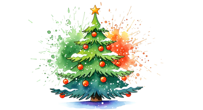 Watercolor christmas tree with red ornaments and star isolated on transparent background