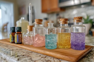 Colorful Glass Jars Filled with Decorative Crystals and Essential Oils on a Wooden Tray in a Bright Kitchen Space