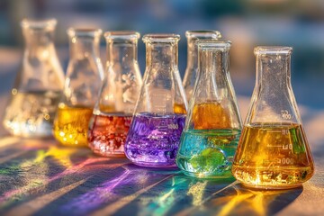 Colorful Glass Flasks with Various Liquids in a Laboratory Setting Reflecting Light and Creating Beautiful Patterns in the Environment