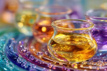 Colorful Glass Jars Filled with Liquid, Surrounded by Droplets on a Vibrant Surface, Creating a Magical and Dreamy Aesthetic in a Stock Photo Setting