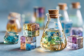 Colorful glass laboratory equipment with vivid liquid solutions and shiny crystals on a blue background for science, experiments and creativity in education or research