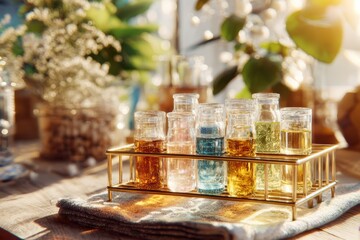 Colorful Glass Test Tubes Filled with Various Liquids in a Bright Scene with Natural Light and Greenery, Perfect for Science or Home Decor Ideas