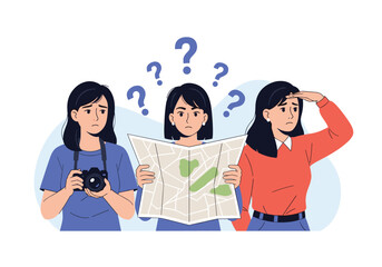 Fototapeta premium Three women looking confused while holding a map and camera.