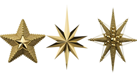 Three golden star ornaments isolated on transparent background