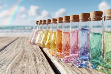 Colorful Glass Test Tubes on Wooden Surface with Ocean Background and Rainbow in the Sky, Perfect for Science, Chemistry, or Creative Projects