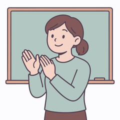 Fototapeta premium Cartoon Woman Clapping Hands in Front of Chalkboard Illustration.