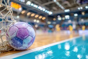 Colorful Handball Near Net in Indoor Sports Hall with Blurred Players in Background Capturing Excitement of Competitive Team Sports and Athletic Performance