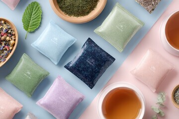 Colorful Herbal Sachets and Tea Cups Surrounded by Nature Elements on Soft Pastel Background for Wellness and Relaxation Themes