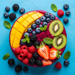 Delicious and colorful smoothie bowl with fresh fruits and berries on blue