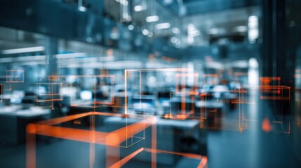 A digital workspace with glowing geometric shapes, suggesting innovation and technology in a modern office environment.