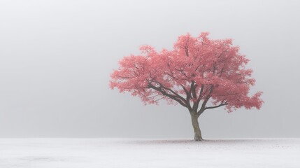 Fototapeta premium A white background, misty weather, in the distance there is a solitary tree with pink leaves, and the ground has intricate snowflake patterns, creating a tranquil atmosphere and a peaceful mood.