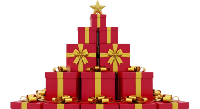 Christmas gift boxes stacked like a tree isolated on transparent background