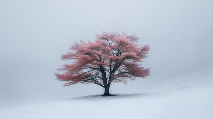 A white background, misty weather, in the distance there is a solitary tree with pink leaves, and the ground has intricate snowflake patterns, creating a tranquil atmosphere and a peaceful mood.