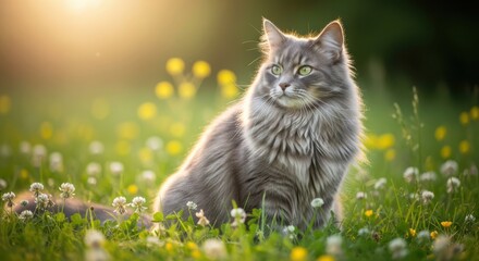 Majestic Fluffy Cat Sits Serenely Amidst Wildflowers on a Sunny Day