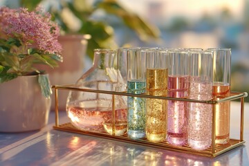 Colorful Laboratory Glassware with Bubbles and Flowers in a Bright Setting, Showcasing Chemical Experiments and Natural Elements