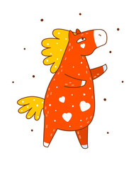 Cute сartoon red horse with hearts ornate isolated on white background - funny animal character for Your kawaii design - symbol of 2026 Chinese New Year