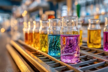 Colorful laboratory glassware filled with vibrant liquids showcasing chemical experiments in a modern science environment with blurred background elements