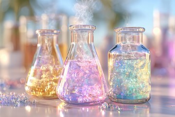 Colorful Laboratory Glassware with Bubbling Liquid and Steam in a Bright Laboratory Setting Showcasing Science and Experimentation Themes