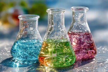 Colorful Laboratory Glassware with Liquid Solutions in Beakers on a Bright Surface, Science Experiment Concept and Chemical Reaction in a Modern Setting