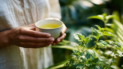 Serene Moment Woman Enjoying Herbal Tea Surrounded by Lush Greenery A Refreshing and Peaceful Wellness Scene