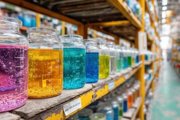 Colorful laboratory jars filled with various solutions and compounds on wooden shelves in a bright and organized scientific environment