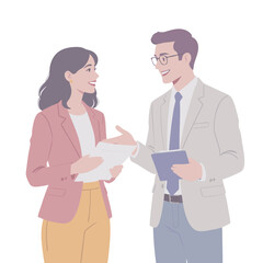 Professional Man and Woman Smiling Discussing Documents Modern Flat Illustration Style.