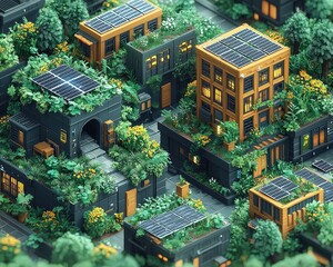 Obraz premium A vibrant, pixelated city with green rooftops and solar panels