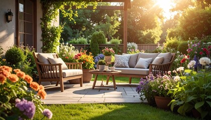 Lush Garden Terrace with Wooden Furniture and Colorful Flowers at Sunset
