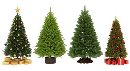 Four decorated christmas trees isolated on transparent background