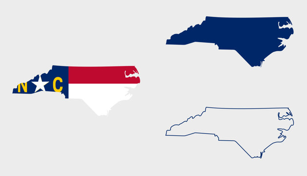 North Carolina map set. North Carolina USA map vector. North Carolina flag map, navy, and outline map