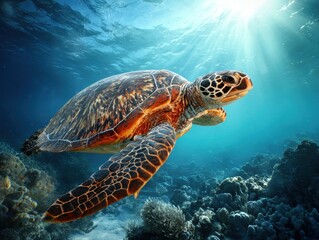 Fototapeta premium Marine Turtle Swimming Above the Coral Reef in Clear Ocean Water with Sunlight Rays