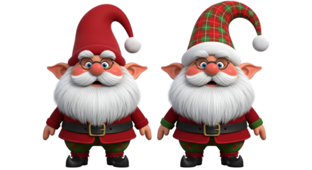 Two cute cartoon gnomes with santa hats isolated on transparent background