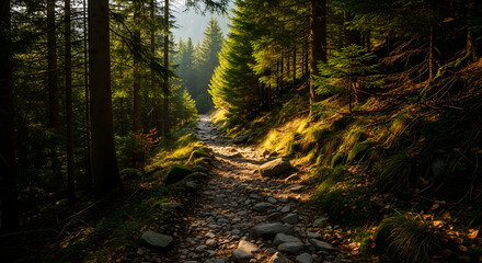 Obraz premium Experience the magic of a sun dappled forest path ideal for wellness retreats and outdoor adventure ads