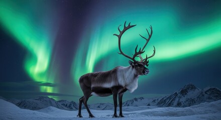 Majestic Reindeer Standing Underneath The Stunning Aurora Borealis In A Snowy Landscape