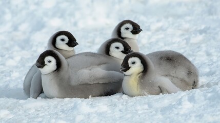 Adorable Emperor Penguin Cubs frolicking on Antarctic Iceberg. Charming wildlife family scene with fluffy chicks.