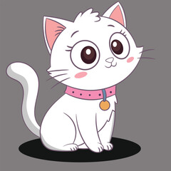 Cute white cat with collar cartoon vector illustration